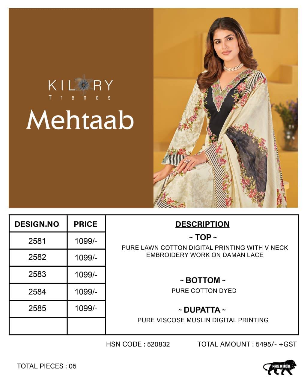 MEHTAAB By KILORY TRENDS 2581 To 2585 Stylish Beautiful Colourful PURE LAWN COTTON Dresses At Wholesale Price